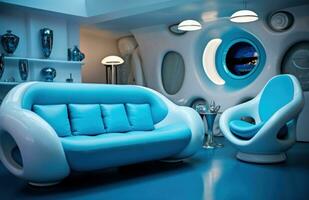 ai gegenereerd sommige helder blauw meubilair in de leven kamer, foto