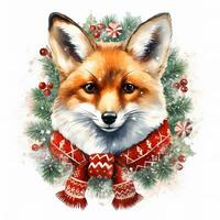 ai gegenereerd generatief ai, schattig wild vos dier, Kerstmis hoed en lelijk truien, waterverf stijl. foto