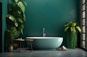 ai gegenereerd groen badkamer met groen planten in voorkant van een wit badkuip, foto