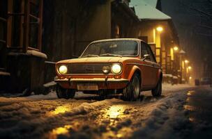ai gegenereerd een oranje auto Aan een sneeuw gedekt straat, foto