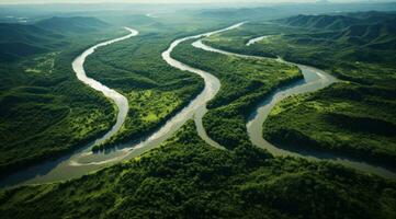 ai gegenereerd antenne visie van een rivier- vloeiende in midden- van een Woud, foto