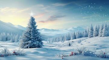 ai gegenereerd een besneeuwd besneeuwd landschap met een Kerstmis boom in de midden, foto