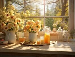 ai gegenereerd een keuken met tafel en venster in de achtergrond met bloemen, foto