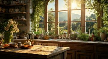 ai gegenereerd een keuken is getoond met planten Aan de tafel, foto