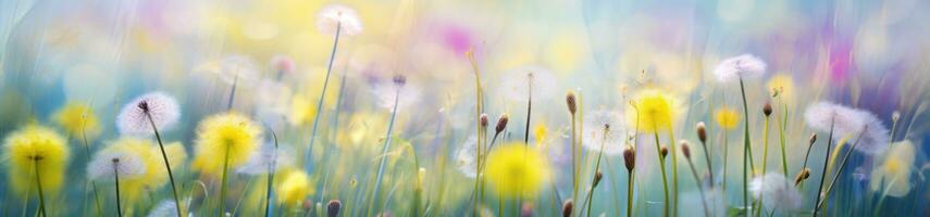 ai gegenereerd een kleurrijk geel en groen veld- met geel paardebloemen, foto