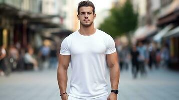 ai gegenereerd jong Mens atleet in gewoontjes wit t-shirt realistisch Aan een mockup sjabloon in een straat in een zomer stad foto