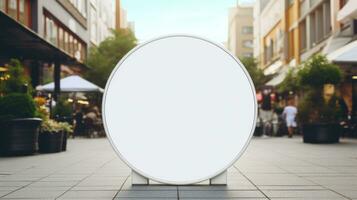 ai gegenereerd wit minimaal circulaire winkel uithangbord met blanco voorkant Aan een mockup sjabloon in een straat in een zomer stad , foto