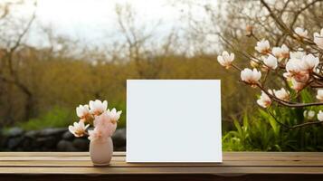 ai gegenereerd wit groet kaart met blanco voorkant, realistisch Aan een mockup sjabloon in een houten tafel in een Pasen luxe achtergrond in huis binnen, foto