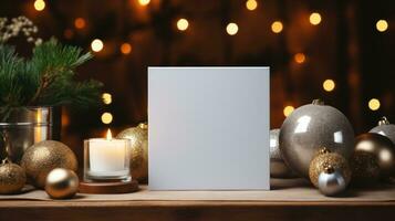 ai gegenereerd wit groet kaart met blanco voorkant, realistisch Aan een mockup sjabloon in een houten tafel in een Kerstmis luxe achtergrond in huis binnen, foto