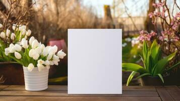 ai gegenereerd wit groet kaart met blanco voorkant, realistisch Aan een mockup sjabloon in een houten tafel in een Kerstmis luxe achtergrond in huis binnen, foto