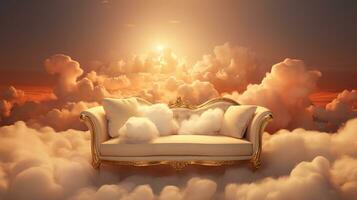 ai gegenereerd generatief ai, gouden en wit fantastisch 3d wolken met sofa in de lucht. teder kleuren en met helder lichten. foto