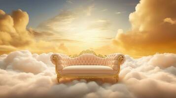 ai gegenereerd generatief ai, gouden en wit fantastisch 3d wolken met sofa in de lucht. teder kleuren en met helder lichten. foto