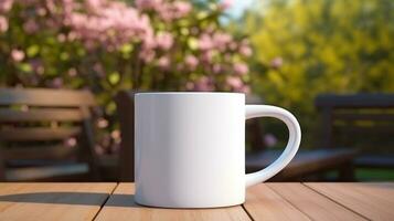 ai gegenereerd wit koffie kop met blanco voorkant, realistisch Aan een mockup sjabloon in een houten tafel in een voorjaar tuin foto