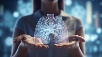 menselijk longen 3d orgaan hologram gehouden door vrouw ai gegenereerd biotechnologie detailopname beeld foto