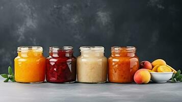 ai gegenereerd verscheidenheid van jam in glas potten Aan een donker achtergrond. heerlijk vers fruit voor een gezond tussendoortje. foto