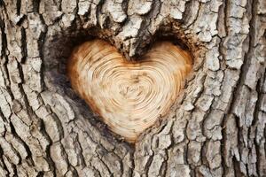 ai gegenereerd van de natuur omhelzing hartvormig knoop Aan een boom romp foto
