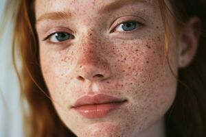 ai gegenereerd een dichtbij omhoog van een vrouw met sproeten, rosacea coupérose roodheid huid foto