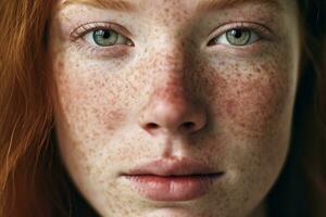 ai gegenereerd een dichtbij omhoog van een vrouw met sproeten, rosacea coupérose roodheid huid foto