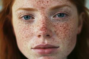 ai gegenereerd een dichtbij omhoog van een vrouw met sproeten, rosacea coupérose roodheid huid foto