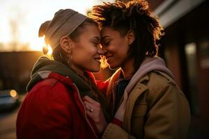 ai gegenereerd lgbt lesbienne paar liefde momenten geluk.lgbt verhouding concept foto