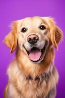 ai gegenereerd een detailopname portret van een gouden retriever puppy Aan een Purper achtergrond foto