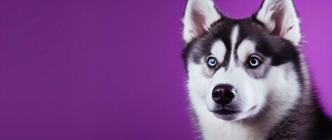 ai gegenereerd een detailopname portret van een schor hond met blauw ogen en een Purper achtergrond foto