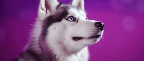 ai gegenereerd een detailopname portret van een schor hond met blauw ogen en een Purper achtergrond foto