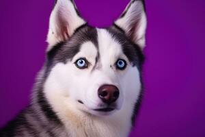 ai gegenereerd een detailopname portret van een schor hond met blauw ogen en een Purper achtergrond foto