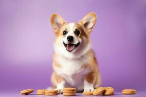 ai gegenereerd schattig welsh corgi hond Aan een Purper achtergrond foto