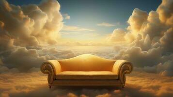 ai gegenereerd generatief ai, gouden en wit fantastisch 3d wolken met sofa in de lucht. teder kleuren en met helder lichten. foto
