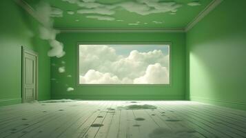 ai gegenereerd generatief ai, groen fantastisch 3d wolken in de kamer interieur, lucht en landschap. teder kleuren en met helder lichten.. foto