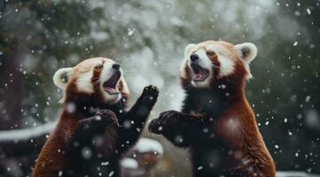 ai gegenereerd twee rood panda welpen vechten in de regen met elk ander, foto