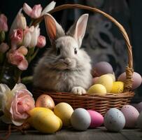 ai gegenereerd een Pasen konijn zit in de buurt een mand van eieren, foto