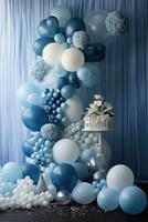 ai gegenereerd creëren een magisch winter tafereel met deze mooi blauw en wit ballon backdrop perfect foto