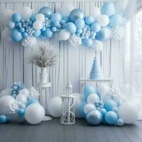 ai gegenereerd creëren een magisch winter tafereel met deze mooi blauw en wit ballon backdrop perfect foto