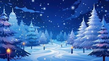ai gegenereerd winter Woud met verlichte Kerstmis boom foto