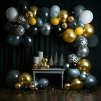 ai gegenereerd nieuw jaar met deze levendig backdrop met metalen goud en zilver ballonnen tegen een zwart foto