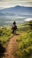 ai gegenereerd een rijder en paard doorkruisen een kronkelend berg pad, met verbijsterend keer bekeken van landschap foto