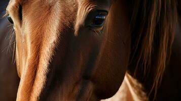 ai gegenereerd teder bruin paard, met zacht ogen en een nieuwsgierig uitdrukking foto