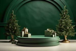 ai gegenereerd groen ronde voetstuk met Kerstmis bomen en Kerstmis cadeaus foto