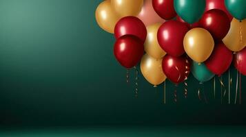 ai gegenereerd een feestelijk achtergrond met kleurrijk ballonnen in tinten van rood, groente, en goud foto