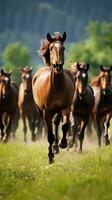 ai gegenereerd een groep van paarden rennen aan de overkant een weide, gevangen genomen in een dynamisch actie schot foto