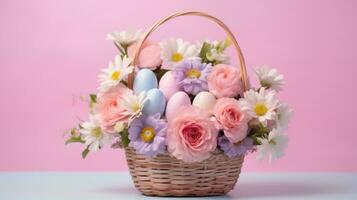 ai gegenereerd Pasen mand gevulde met eieren en fladderend vlinders, reeks tegen een licht roze achtergrond foto
