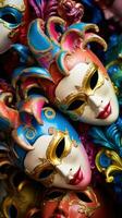 ai gegenereerd kleurrijk carnaval maskers tegen een levendig achtergrond, foto