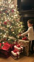 ai gegenereerd kinderen opgewonden op zoek Bij decoraties en cadeaus onder de Kerstmis boom. foto