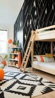 ai gegenereerd modieus kinderen kamer met een zwart en wit behang accent muur, een houten stapelbed bed foto