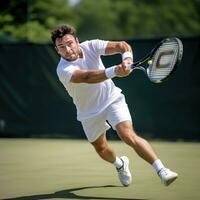 ai gegenereerd een tennis speler raken een forehand schot, met de bal in in de lucht en de tegenstander zichtbaar in de achtergrond foto