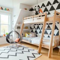 ai gegenereerd modieus kinderen kamer met een zwart en wit behang accent muur, een houten stapelbed bed foto