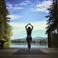 ai gegenereerd een vrouw aan het doen een handstand Aan een yoga mat, met een vredevol, sereen instelling in de achtergrond foto