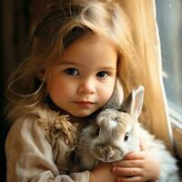 ai gegenereerd een zoet beeld van een kind Holding een baby konijn in hun ronde, de twee van hen nestelde zich omhoog samen foto